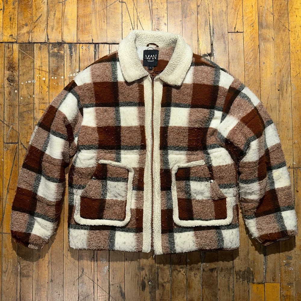 BoohooMAN Teddy Jacket Men's Large Brown White Lined‎ Pocket Collared Full Zip